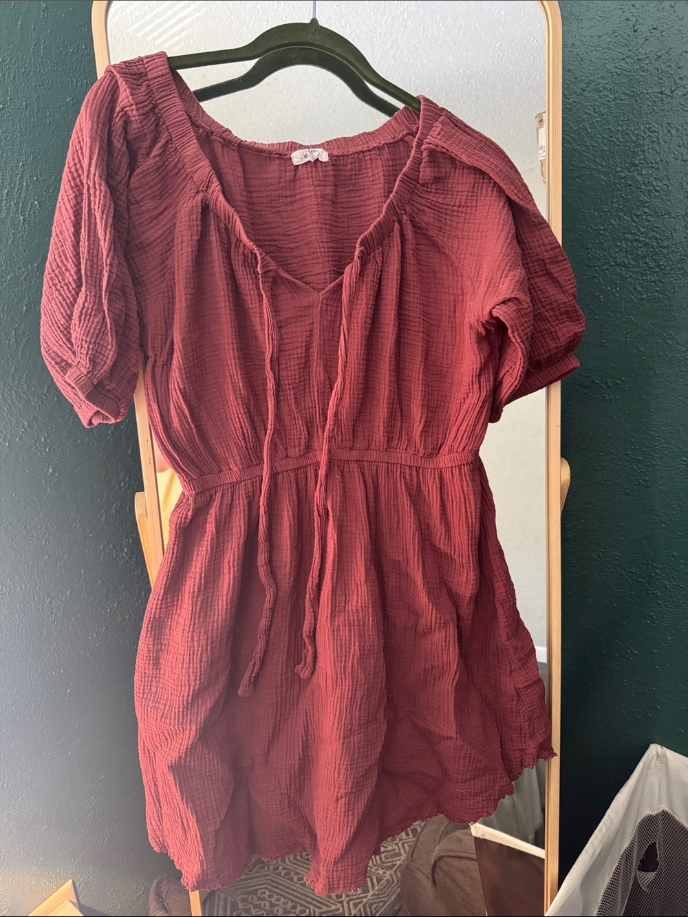 Women's Rust Red V-Neck Dress with Tie Detail